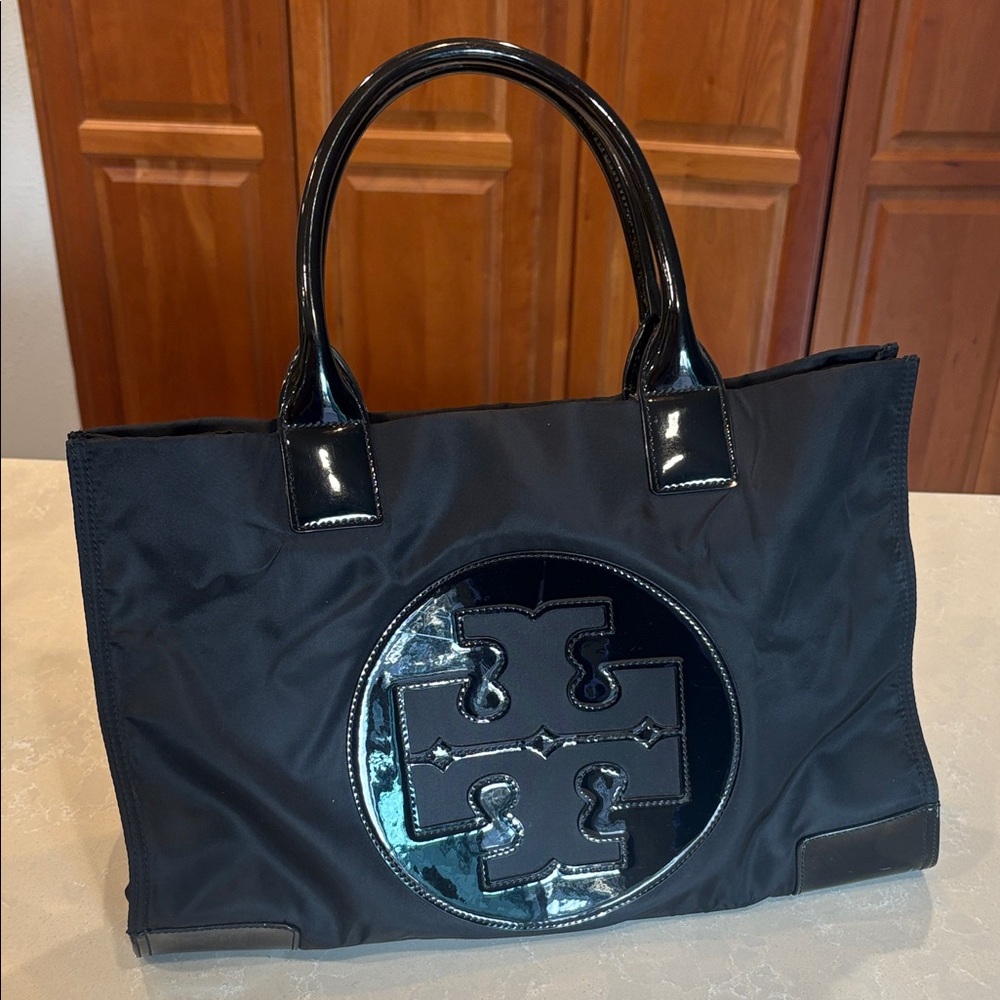 Tory Burch Black Nylon Ella Tote with Patent Logo and Handles